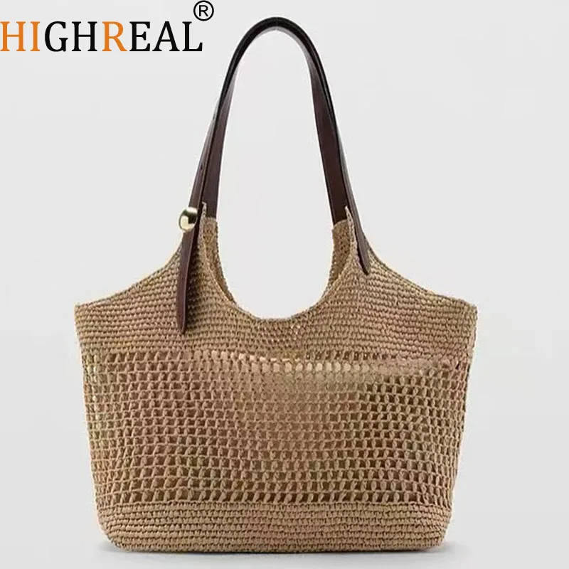 HIGHREAL Handwoven Large Capacity Hollow out Straw Tote Bag Casual Beach Vacation Women's Handbag Travel Leisure Soft Square