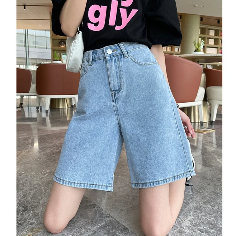 Shorts jeans de verão para mulheres, cintura alta, pernas largas, retrô, fino, reto, curto, algodão, azul, estilo coreano