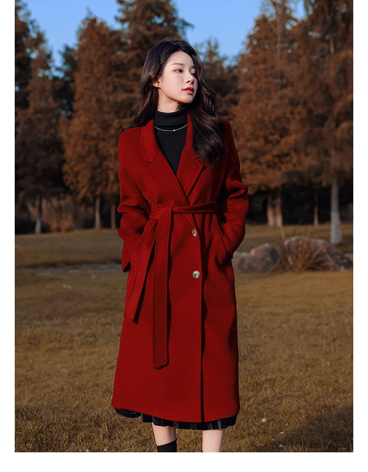 

New Year's Red Women's Wool Coat Autumn/Winter New Fashion Long Style Suit Collar High End Double Sided Cashmere Woolen Coat