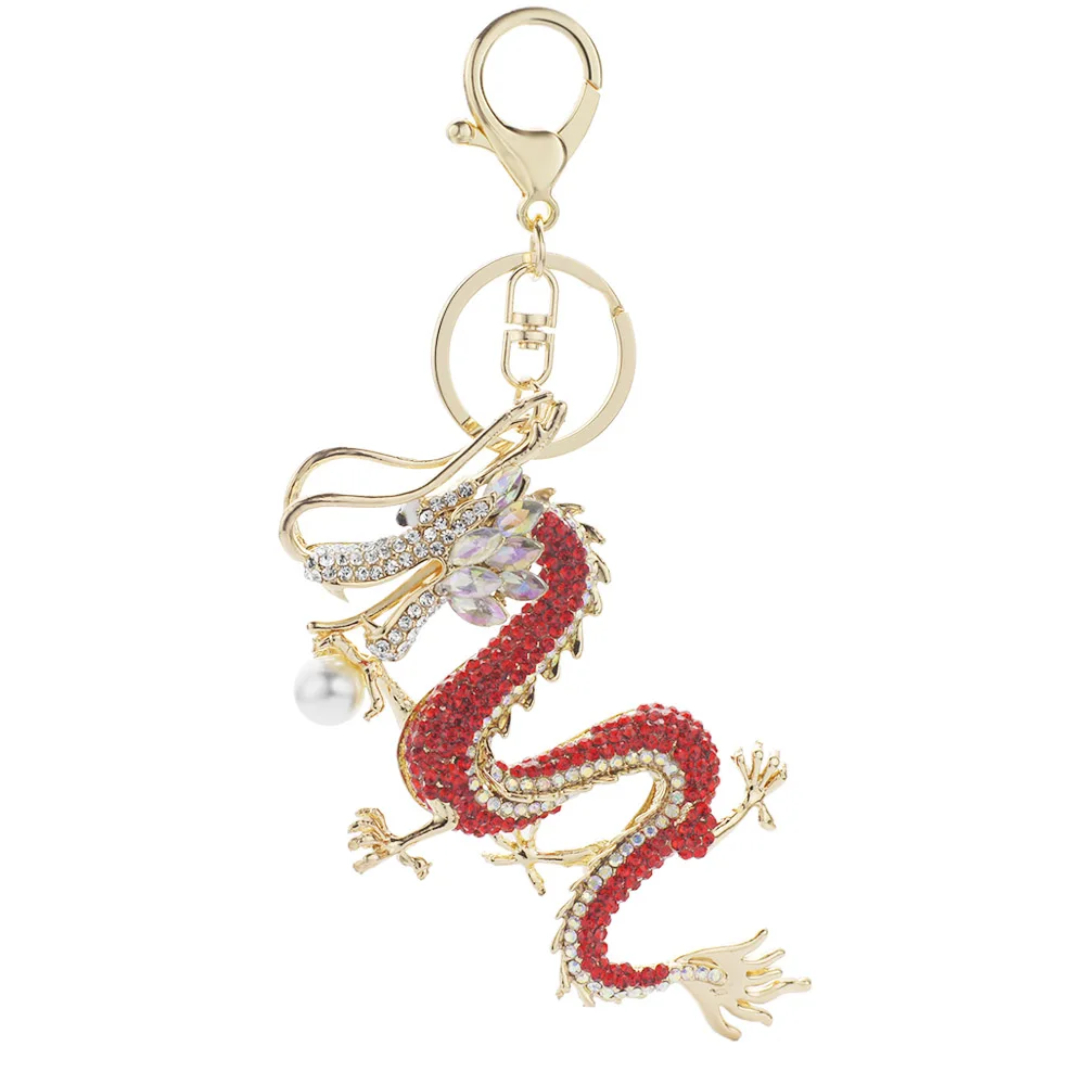 Dalaful Rhinestone Dragon Key Rings Chains Holder Simulated Pearl Crystal Animal Keychains For Car Keyrings Bag Charms K341D