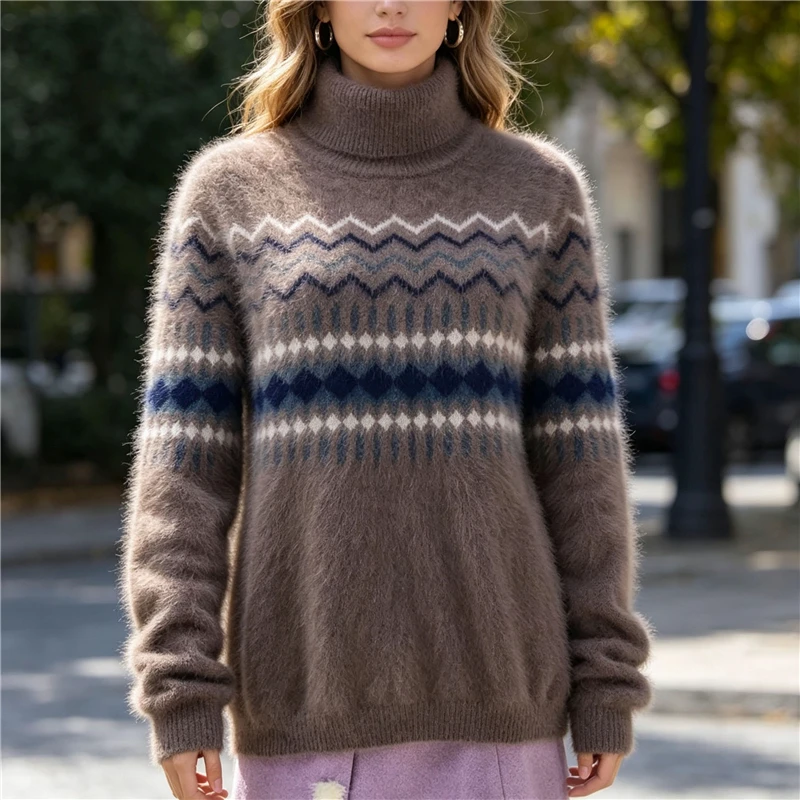 

Women's Fluffy Mink Cashmere Turtleneck Sweater Vintage Fair Isle Knit Pullover Angora Fur Fall Winter Warm Slim Jumper Pull Top