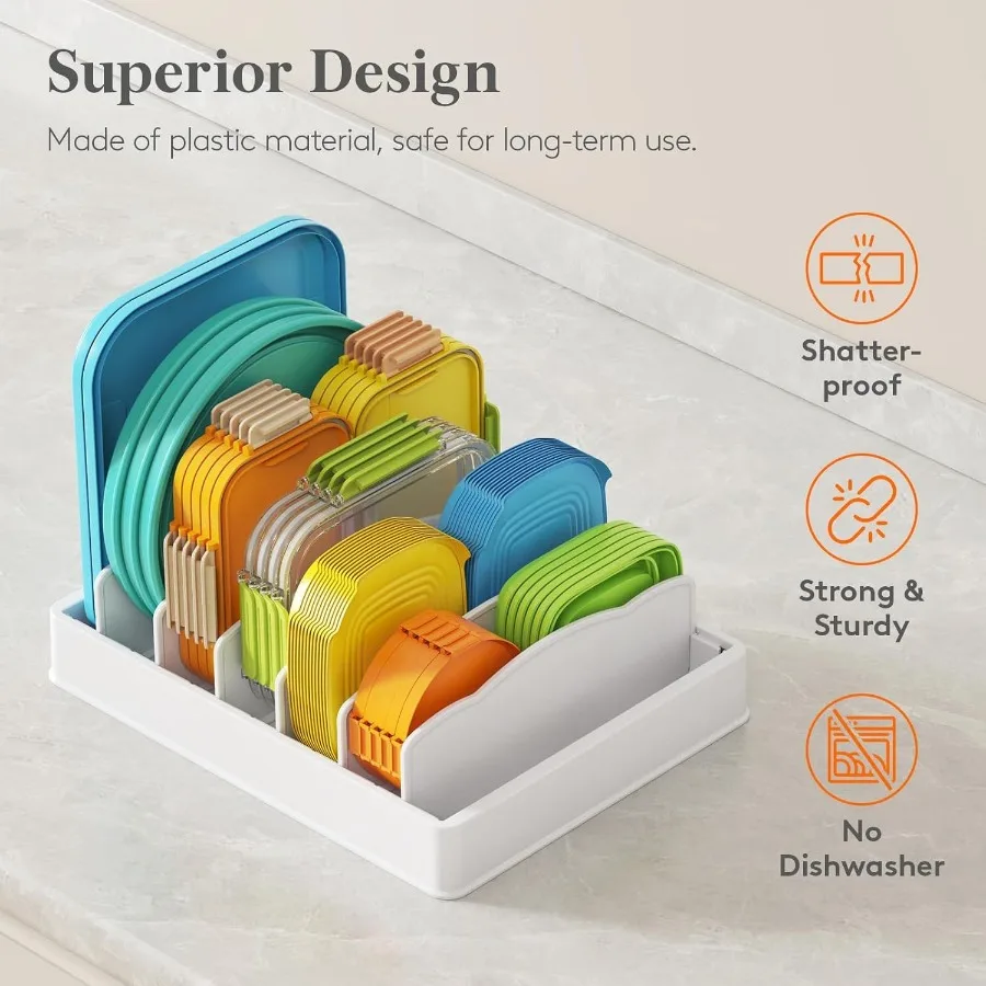 

Органайзер для кухонных шкафов для крышек контейнеров для еды, 13 x 10, большой, с 7 секциями и 6 регулируемыми разделителями, идеально подходит для хранения.