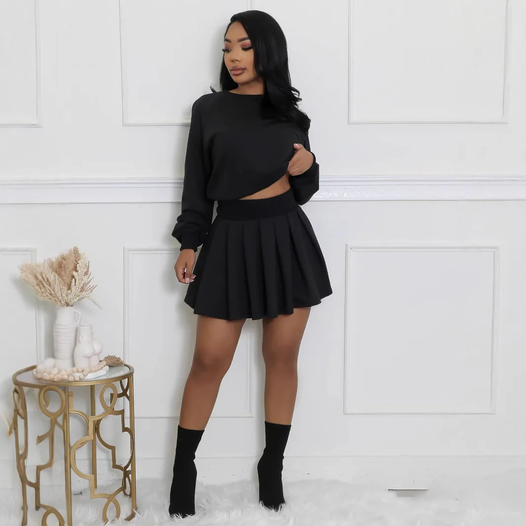 Prowow ファッションソリッドカラートレーナースカートツーピース女性服セット 2025 新着トレンドスリムフィットストリートスーツ