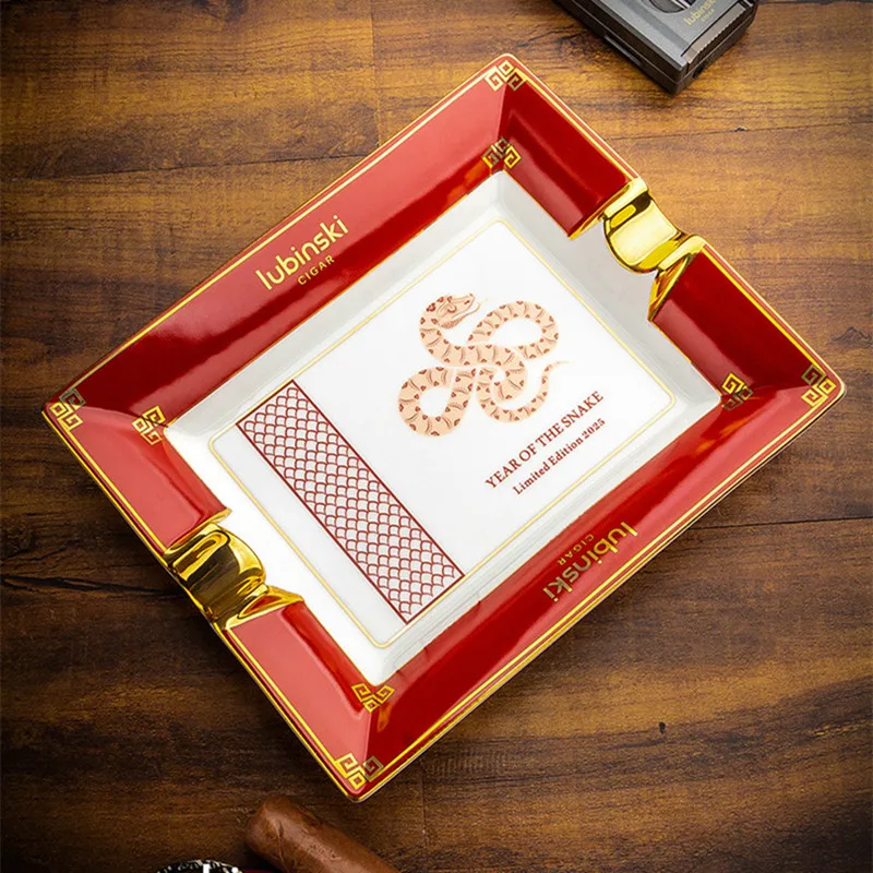

Cigar Ashtray Year of the Snake Limited Edition Double Slot Bone Porcelain Gilded Large Capacity Square Cigar Ashtray