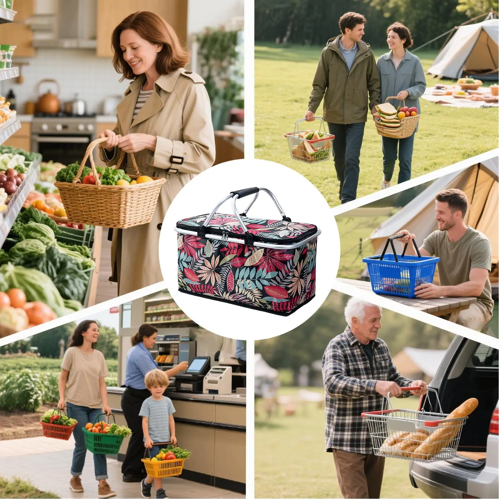 

Shopping Basket With Handles Foldable Market Basket Picnic Tote 30L Reusable Tote Cooler Bag For Outdoor Fishing Road Trip Food