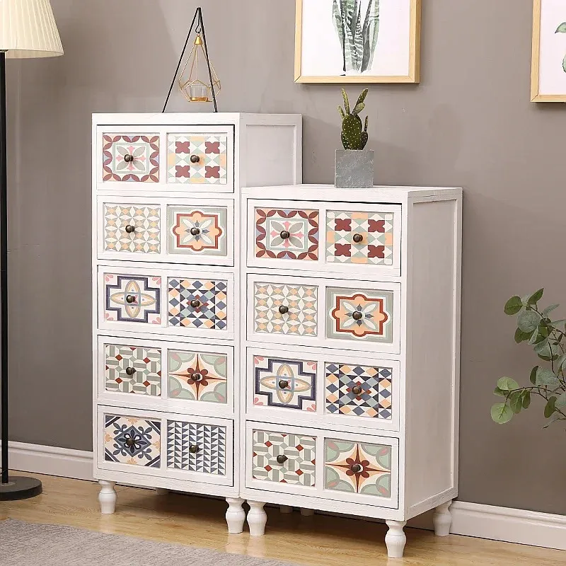 Fashion Solid Wood Side Cabinet Multi-Layer Drawer Storage Rack Retro 50cm