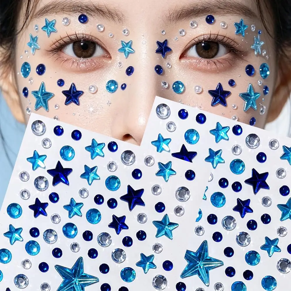 1Pcs Sapphire Blue Star Face Gem Stickers Mixed Size Round Rhinestone Jewel Tattoo Decals for Festival Party Makeup Body Decor N