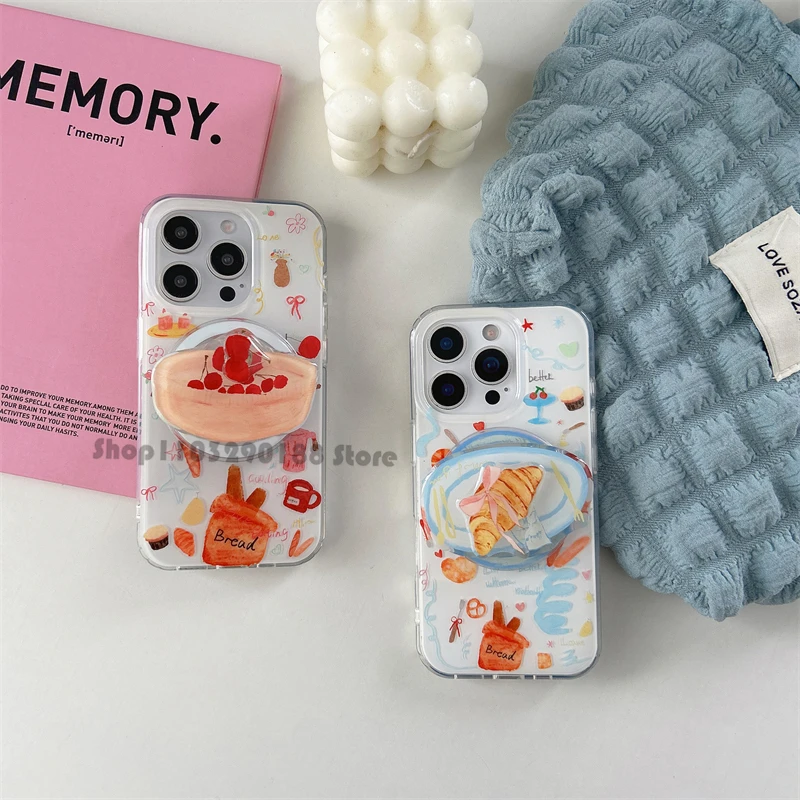 

Korean Cute Bread Rotate Magnetic Holder Phone Grip Tok Griptok Phone Stand Holder Support For iPhone For Pad Magsafe Smart Tok