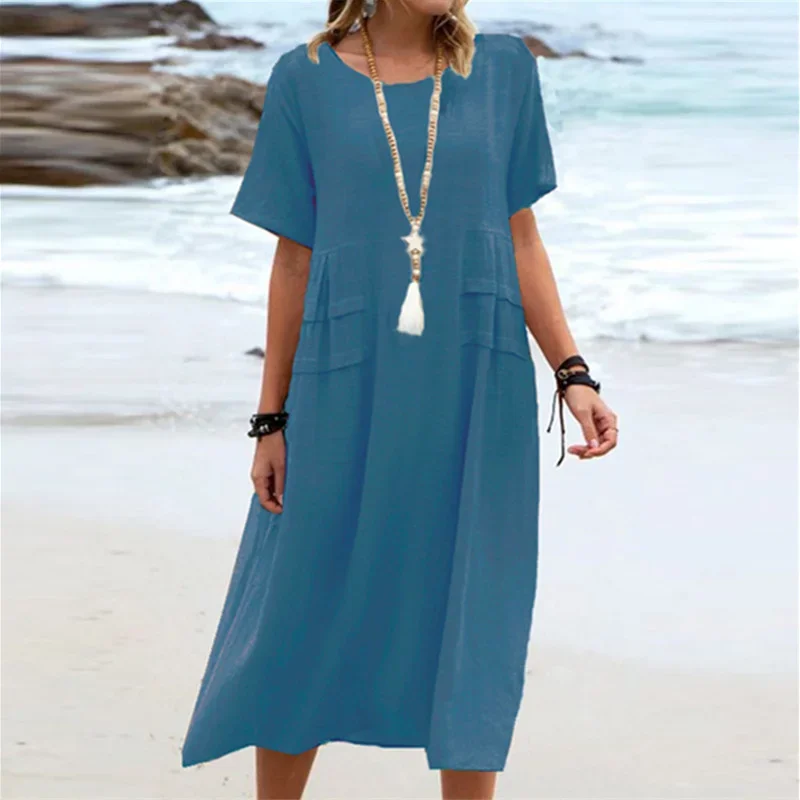 Summer Women Holiday Casual Comfortable Dresses O Neck Pullover Pleated Hem Dress Solid Color Cotton Linen Short Sleeve Gown New