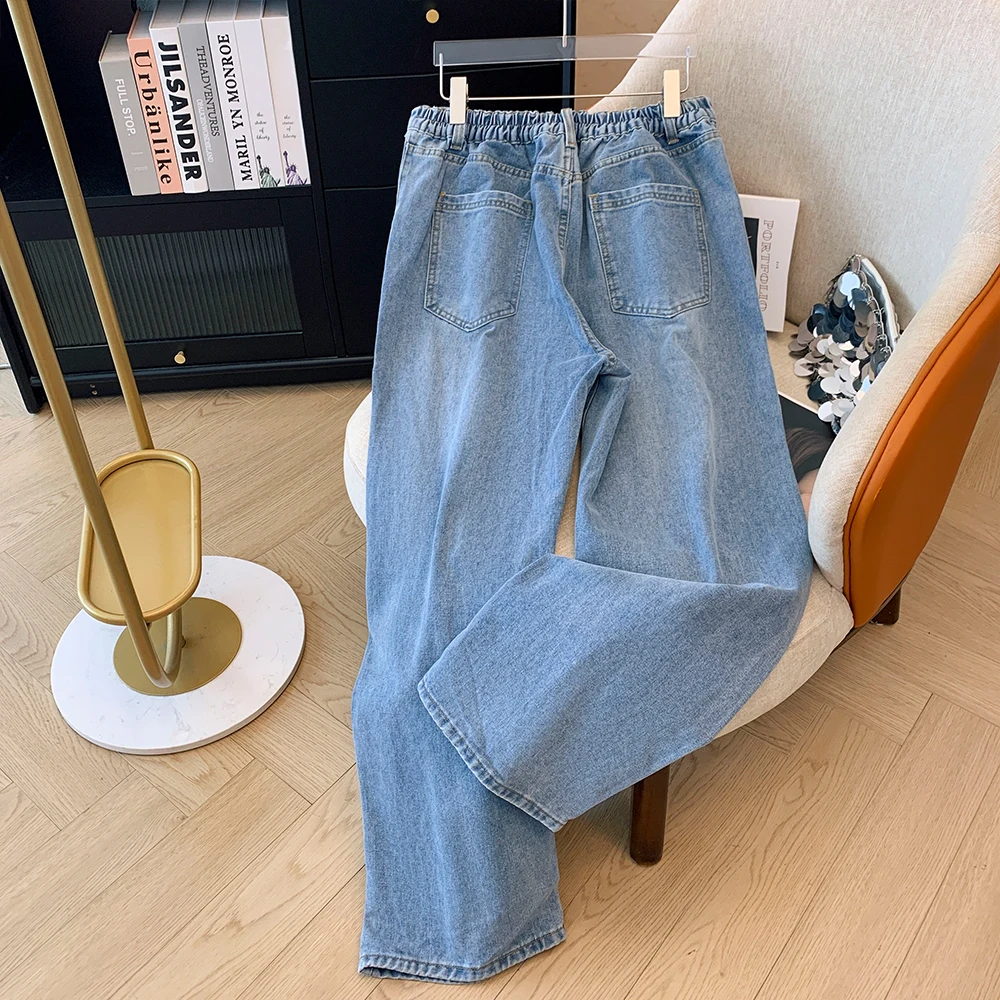 Calça jeans casual feminina, calça reta azul de viajante, solta e confortável, elástica, bolsos grandes, tamanho grande, outono