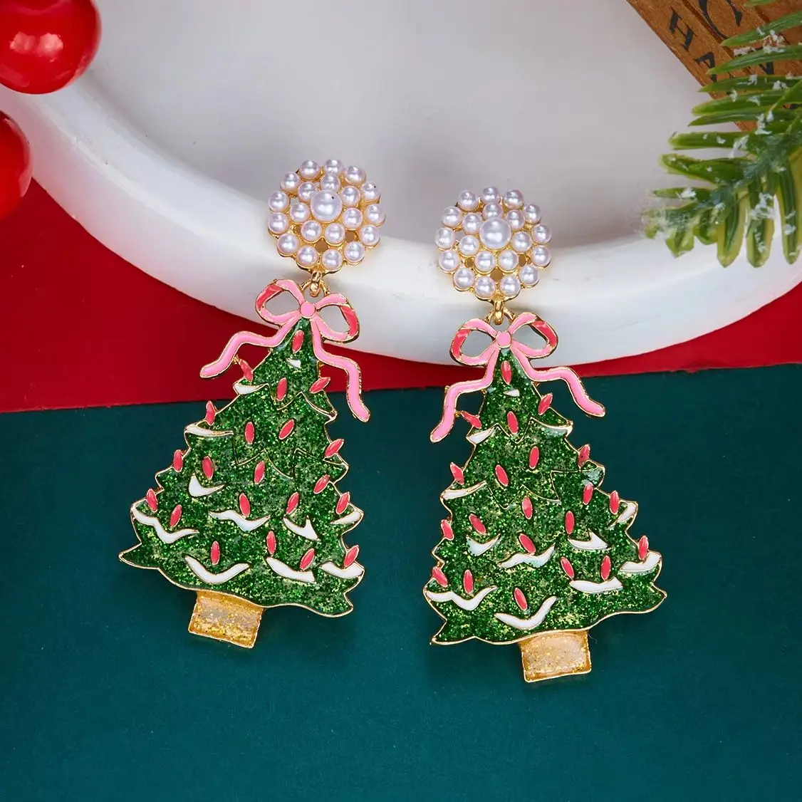 Cute Bowknot Light Bulb Drop Earrings for Women Rhinestone Simulated Pearl Christmas Tree Earrings Charms New Year Party Jewelry