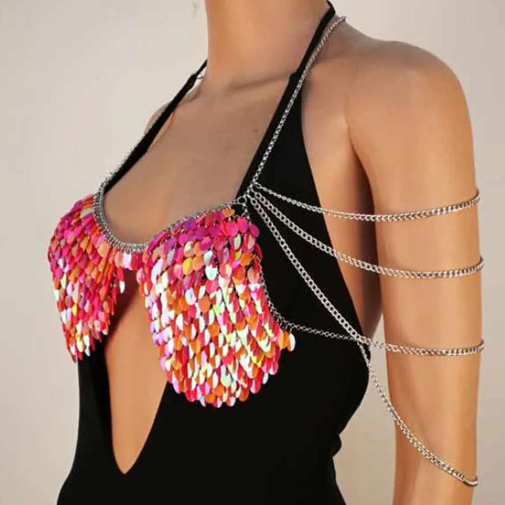 4 Color Sexy Sequins Hanging Neck Bra Top Chest Chain Women Summer Beach Tassel Pendant Body Festival Merdaid Jewelry