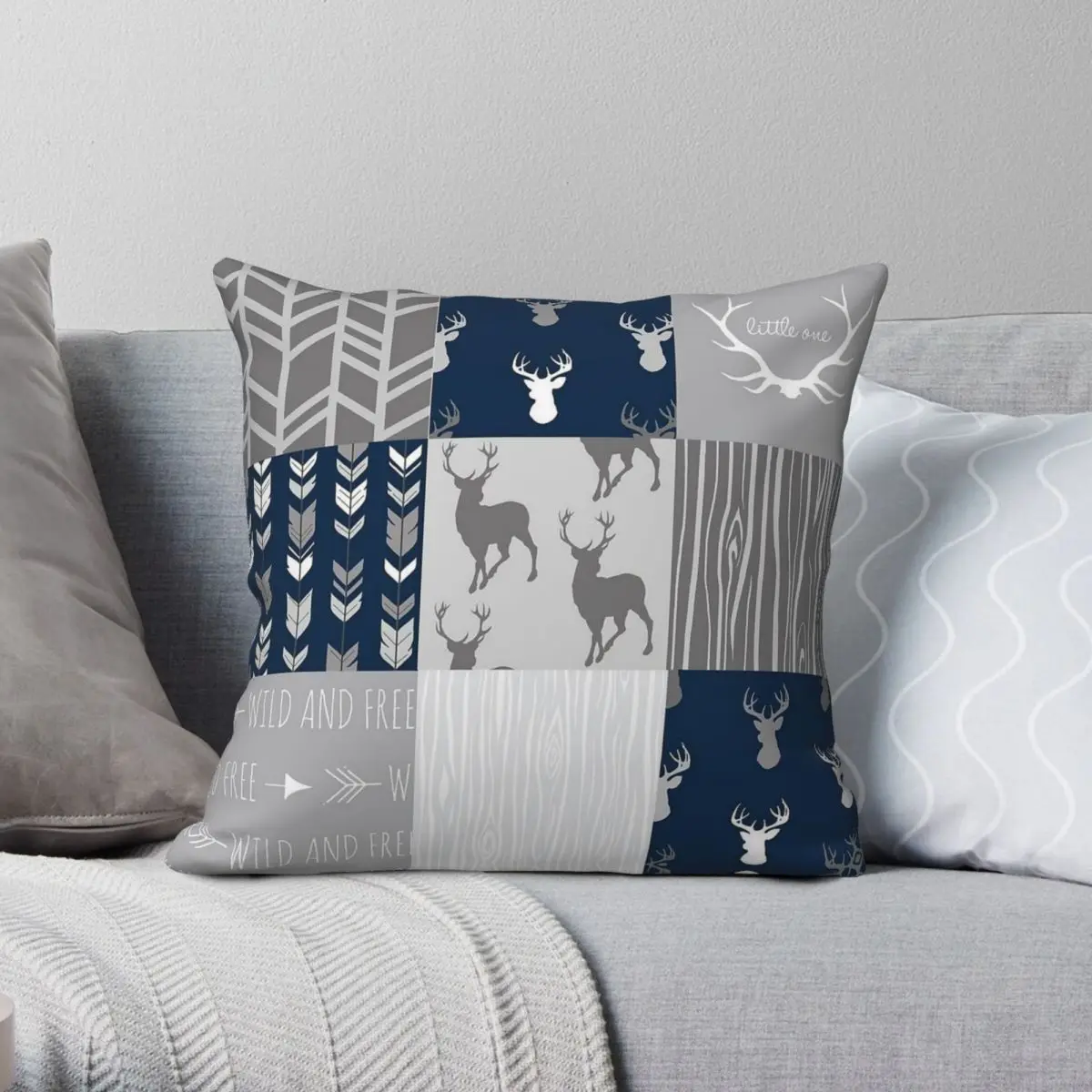 

Patchwork Woodland Navy Grey Pillowcase Polyester Linen Velvet Pattern Zip Decorative Throw Pillow Case Home Cushion Case