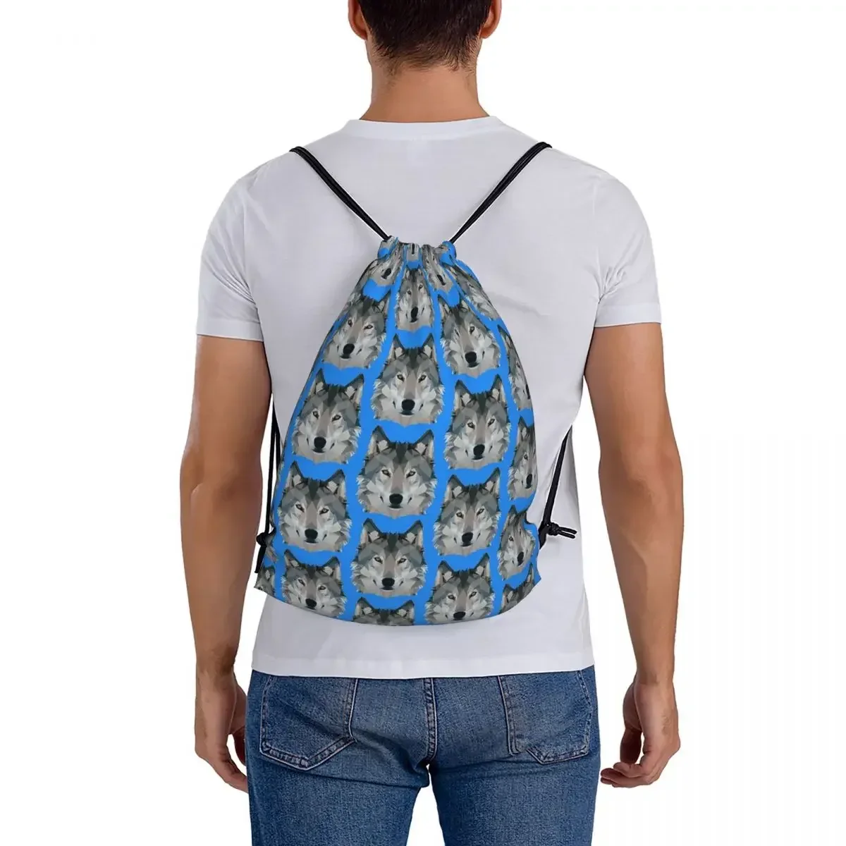 Mochilas Lobo portátil para homem e mulher, Moda Drawstring Bundle Pocket Shoes Bag, Bookbag para a escola