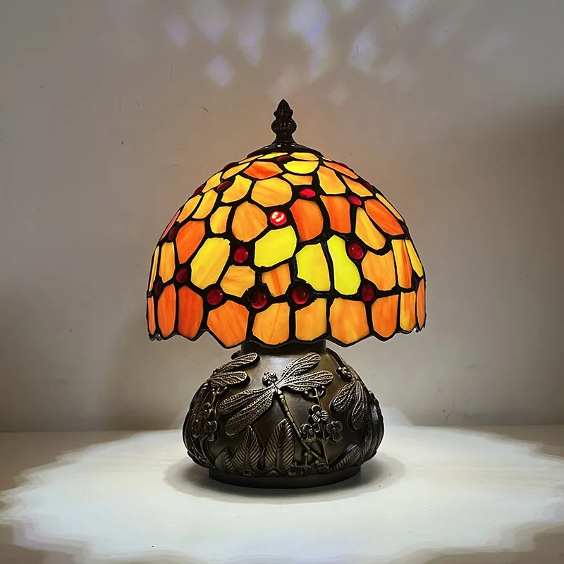 

Tiffany 8inch Table Lamp European Colored Stained Glass Lamp Orange Lampshade Suitable for Living Room and Bedroom
