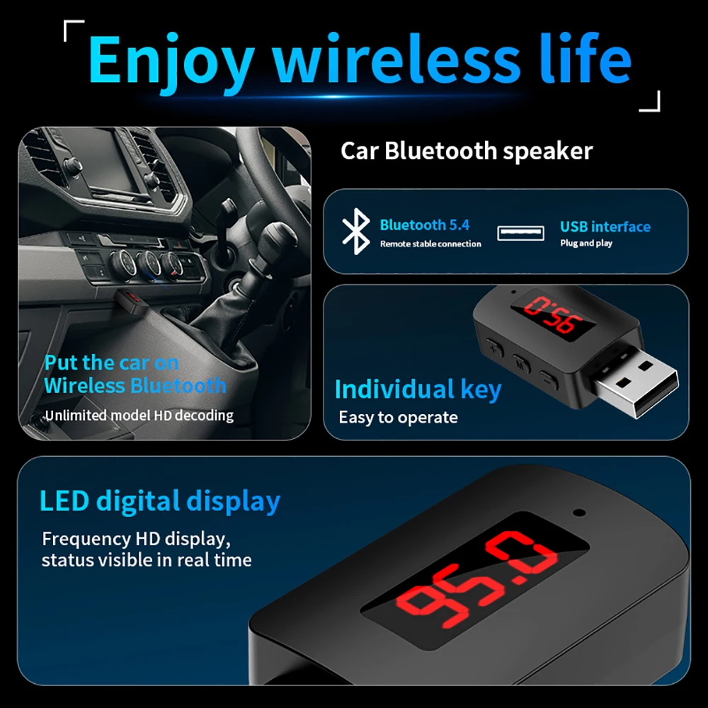 USB Bluetooth 5.3 5.4 Adapter USB Dongle Wireless Music Audio Receiver Transmitter Handsfree Call With Mic LED Display For Car