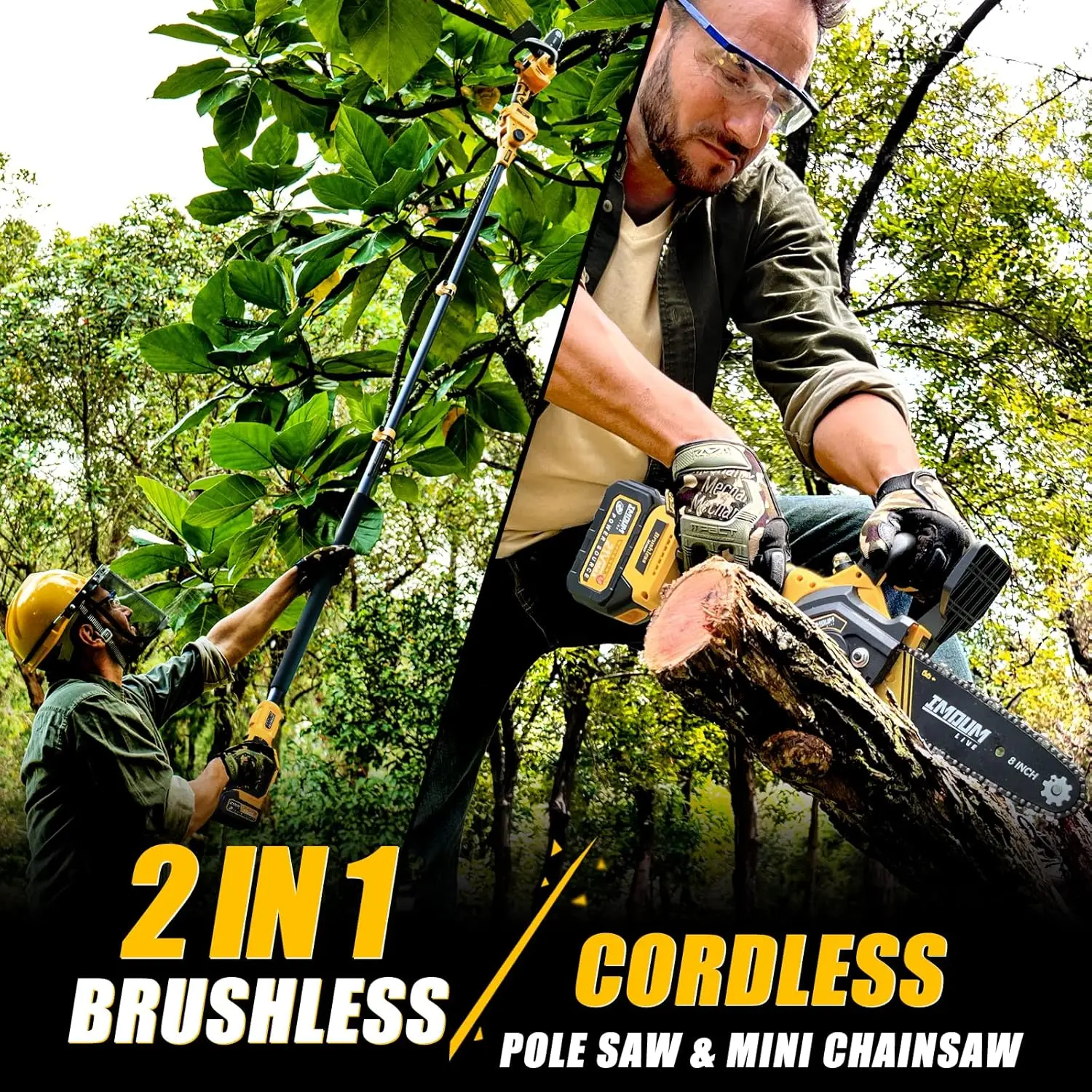 2-IN-1 Cordless 8 Inch Pole Saw & Chainsaw, 21V 3Ah Battery, 14.7ft Max Reach, 8.3lb Lightweight, Powered Pole Saws