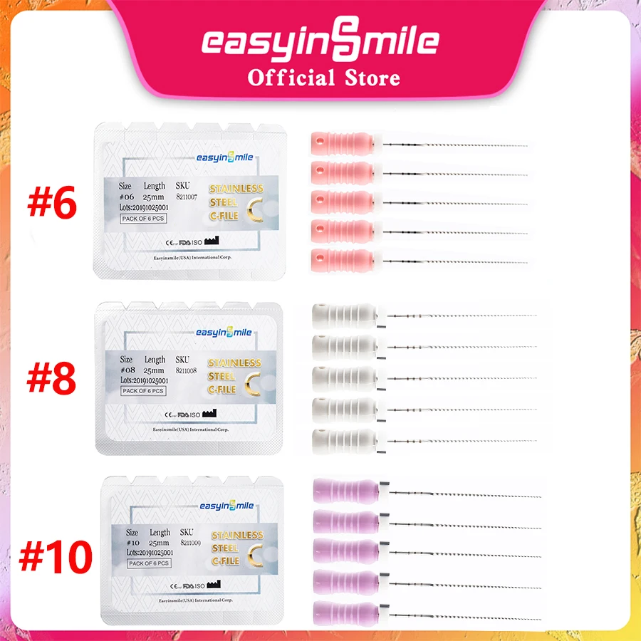 

Easyinsmile Hand Use Dental Endo C Files 25MM #8-#10 Stainless 6Pcs Per Pack 5Packs Root Canal Files