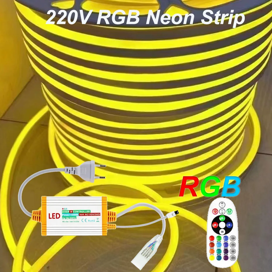 1m-50m Dimmable 220V RGB LED Neon Light Strip 72LEDs/m IP65 Waterproof Flexible Tape EU Plug 1500W Remote for Room Garden