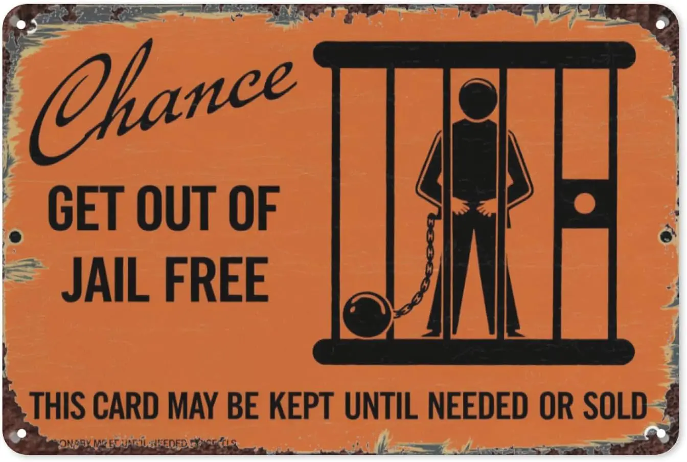 【Monopoly Fun】Chance Card Get Out of Jail Free 8X12IN Vintage Tin Sign - Retro Game Room Wall Decor with Board Game Graphic sign