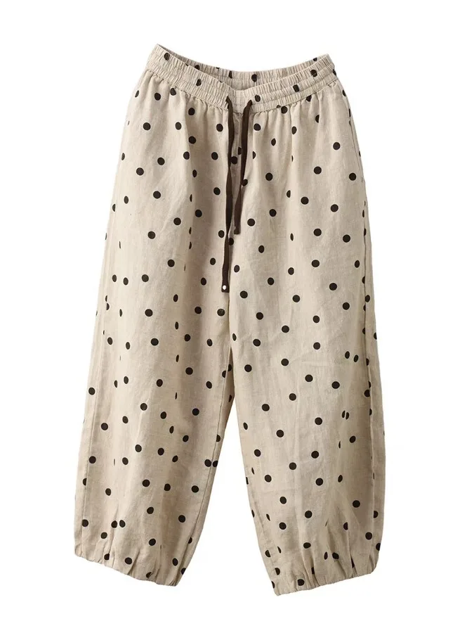 Retro-Farbe, gewebtes Punkt-Leinen-Laternenhose, Damen-Hose mit Gürtel, Siebenfuß-Hose, Sommer-Baumwoll-Leinen, gerades Bein, hohe Taille, weites Le...