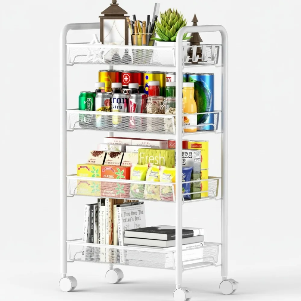 

4-Tier Rolling Storage Cart with Wheels, Kitchen Organizer, Metal Mesh Utility Trolley for Home Office Use