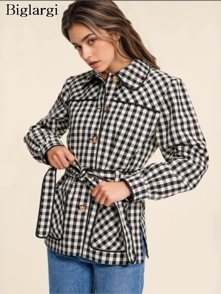 

Autumn Long Sleeve Coat Women Plaid Print Fashion Slim Ladies Cropped Jackets Long Sleeve Woman Coats