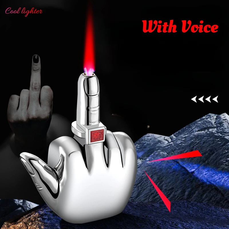 Funny Middle Finger Torch Lighter with Voice Windproof Jet Flame Lighters Smoking Accessories Men's Refillable Butane Lighter