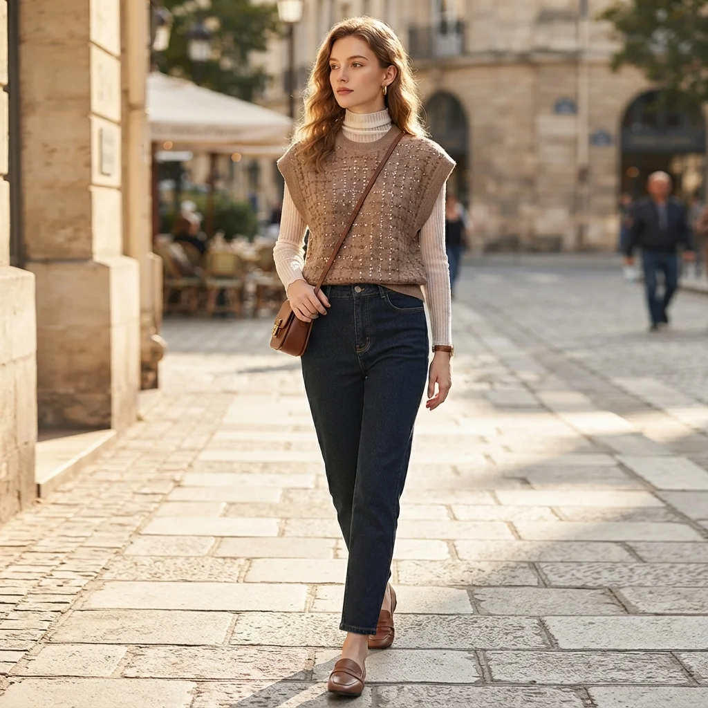 100% Cashmere Women Round Neck Knit Vest Sleeveless Plaid Sequin Decor Sweater Vest Cropped Casual Elegant Autumn Winter BH1613