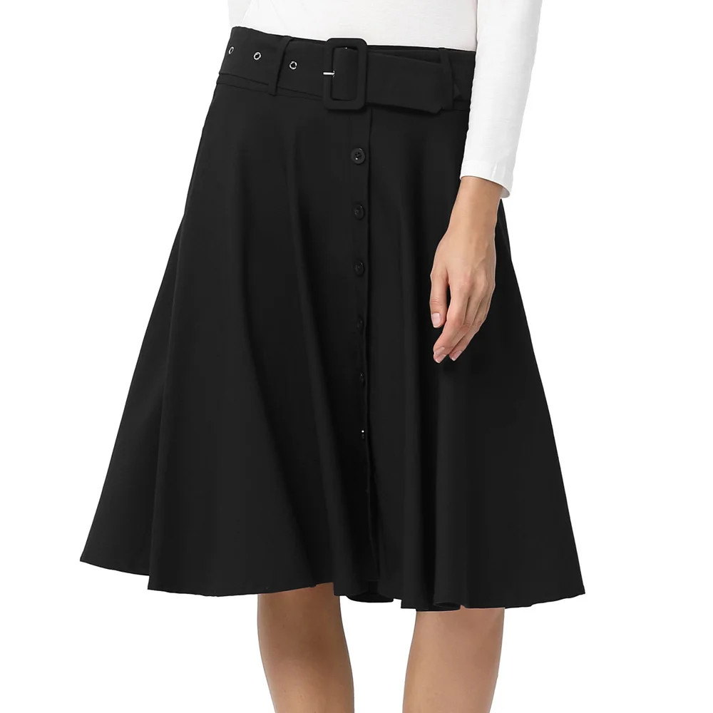 Belle Poque Women's Stretch High Waist A-Line Flared Midi Skirts With Pockets & Belts Female Summer Clothes Office Workwear A30