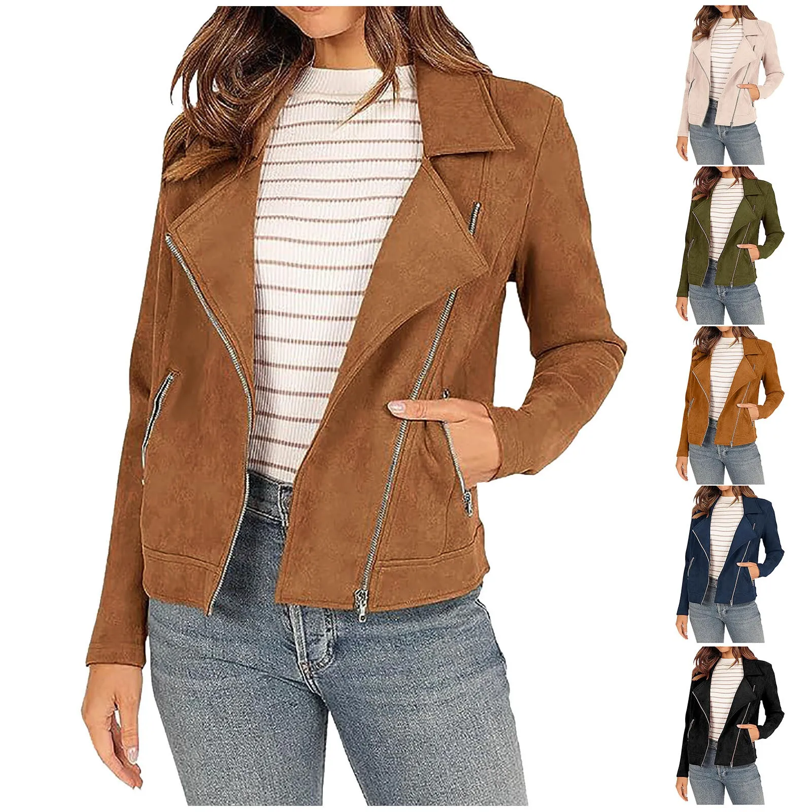 Women's Fall Faux Suede Moto Jacket Fashion Long Sleeve Zipper Short Jackets Solid Color Brown Casual for Women Fleece Jackets