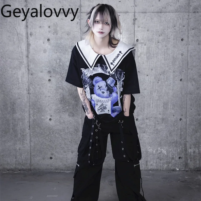 Japanese Harajuku Style Cartoon Print Sailor Suit Summer Sweet Cute Girls Versatile Navy Collar Short Sleeve T-Shirt Dress