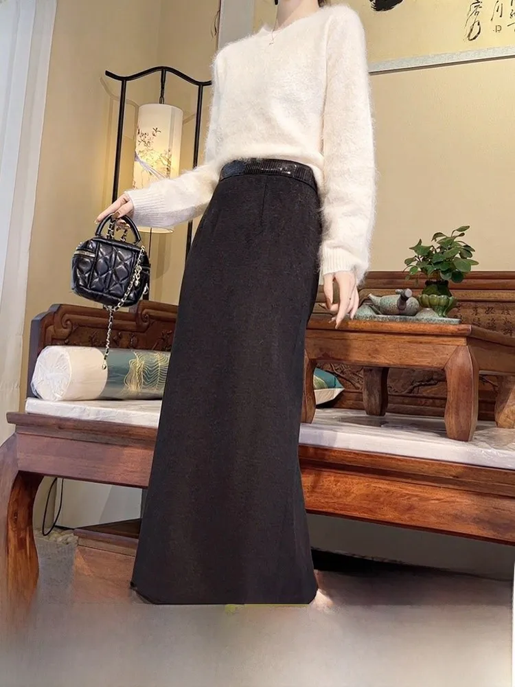 

Шерстяная юбка А-силуэта Ele Bla с вышивкой и высокой талией для женщин, весна-осень-зима, модный дизайн с разрезом