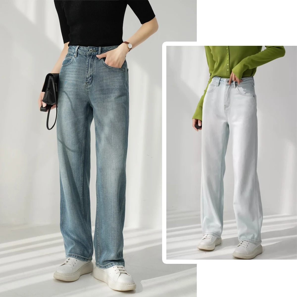 

Women's Cotton Lyocell Hanma Straight Leg Soft Thin Jeans mid High Waist Long Pants Spring Summer Sle Casual Wide Leg Jeans
