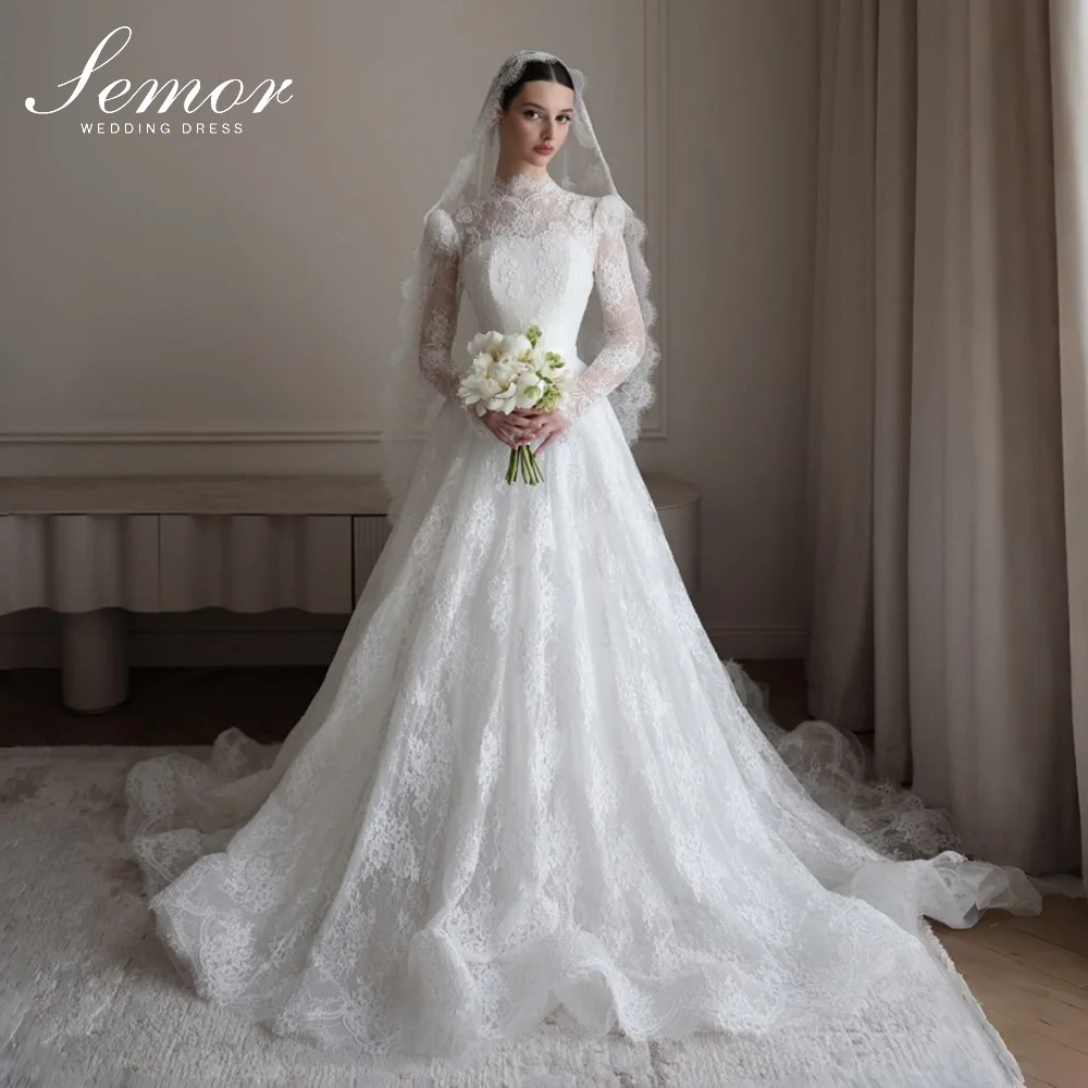Semor Exquisite A-line Lace Wedding Dress Muslim Hijab 2026 Arabic Full Bell Sleeves Pleat Vestido De Novia Princesa Customized