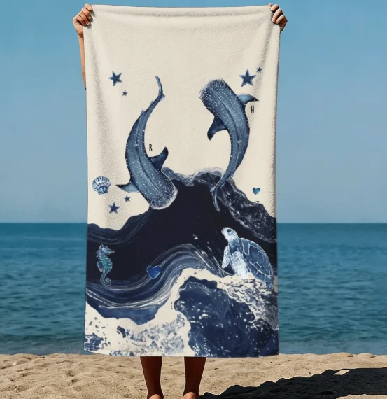 1pc Summer Boho Style Two Sharks Starry Swim Gracefully Surrounded By Jellyfish and Fish Beach Towel for Swimming Pool Vacation