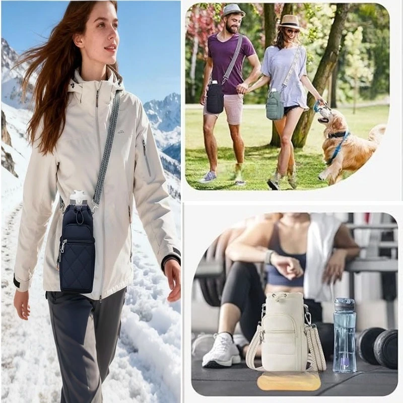 Insulated Water Bottle Crossbody Bag,Aluminum Foil Hydration Bottle Holder, Multi Pocket Cell Phone Purse  Outdoor Walking Bag