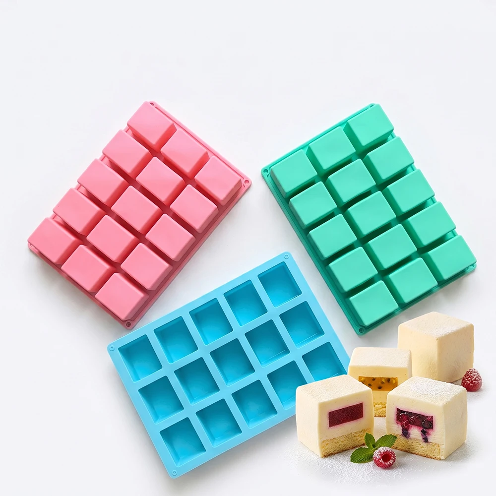 15 cavity long square shaped silicone mold for baking mousse cakes, 3D candy pastries, chocolate truffles, paper cupcakes, jelly