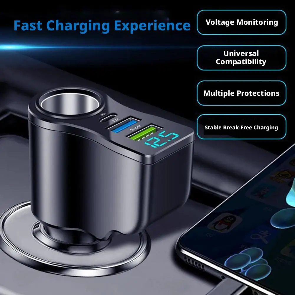 4-In-1 Car Cigarette Lighter Power Adapter 3.1A USB Type C Fast Charging LED Voltage Digital Display Multi Port Power Adapter