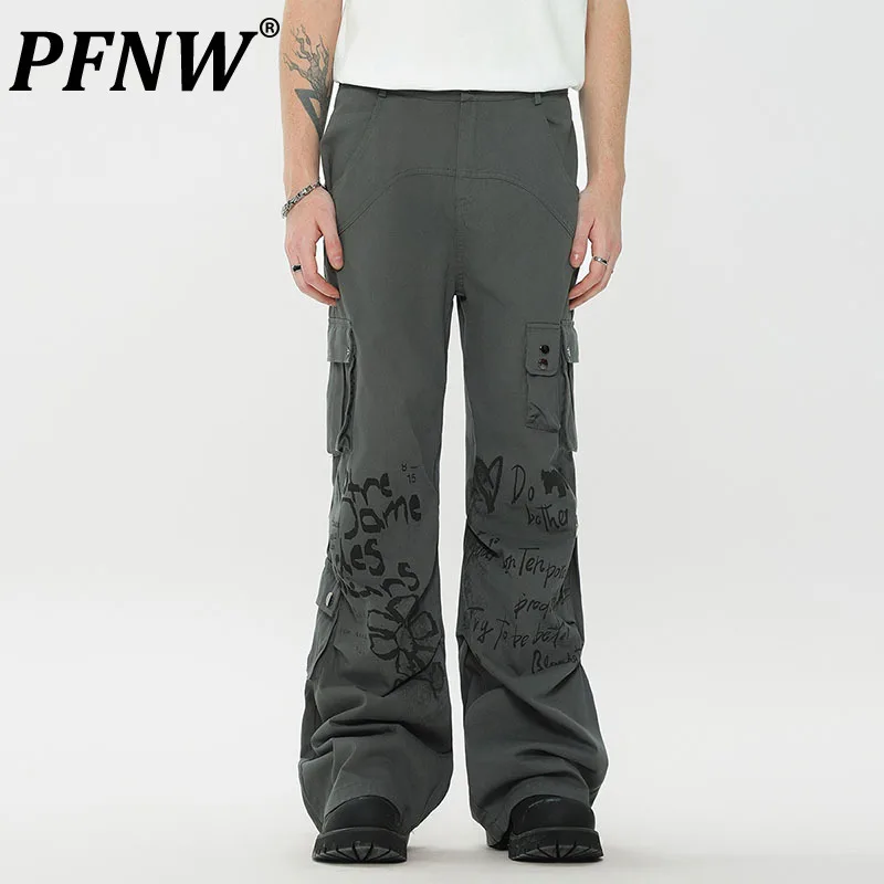 

PFNW American Style Men's Pants Casual Printing Pleated Big Pockets Cargo Bottom Straight Loose Wide Leg Male Trousers 12C740