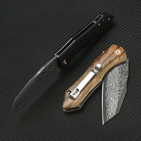 Tunafire Damascus Folding Knife Zebra wood/carbon fiber G10 Handle Tanto Pocket Knives EDC Tactical Hunting Survival Hand Tools