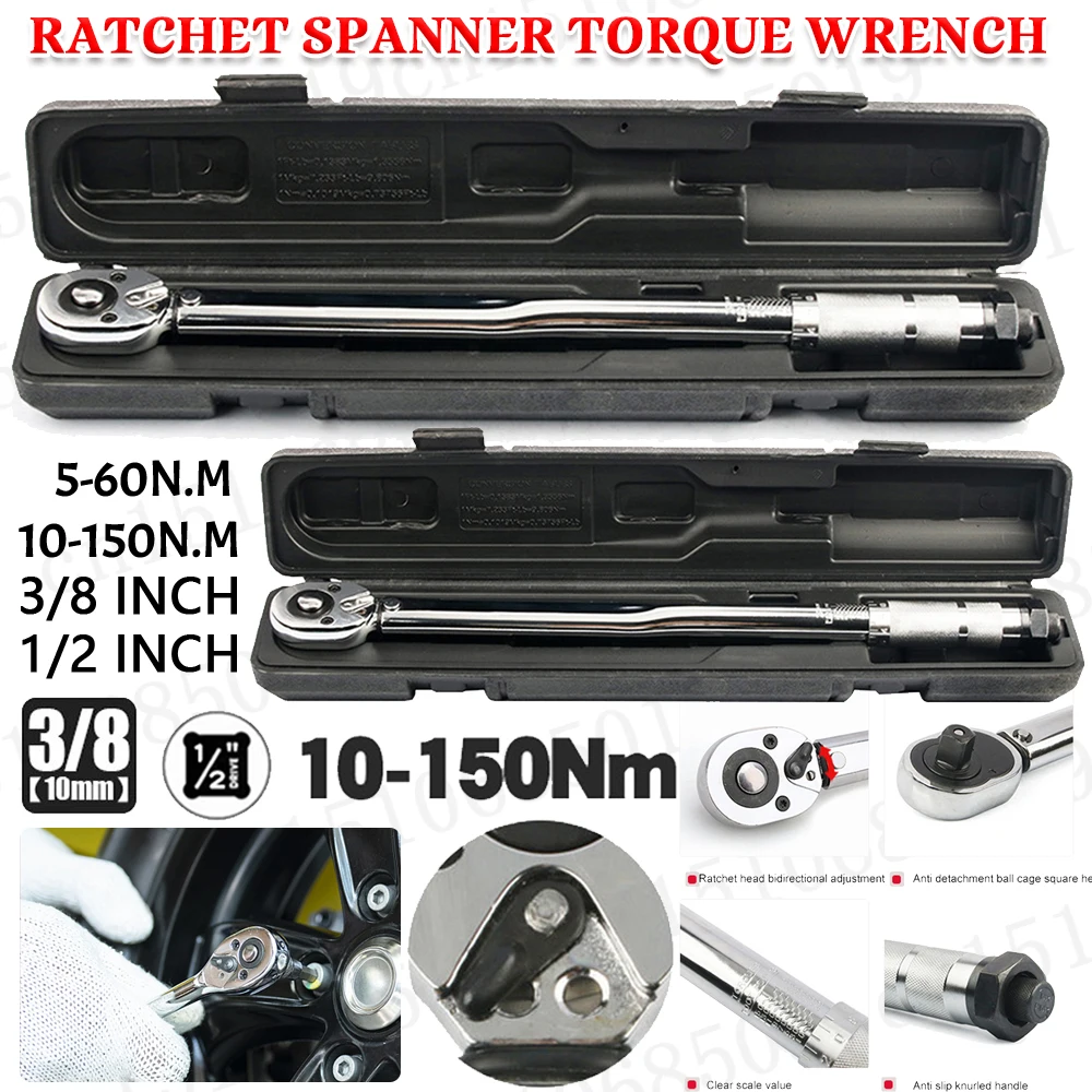 5-60N.m Torque Wrench 3/8 1/2 Inch Torques Key Square Drive Reversible Ratchet Spanner 10-150N.m Spanner Car Repair Tool