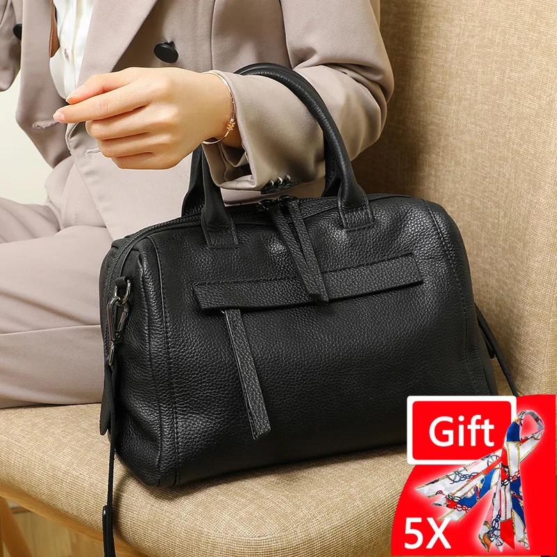 Luxury Design Women Boston Tote Large Capacity Vintage Female Handbag Genuine Leather Lichee Shoulder Travel Purse