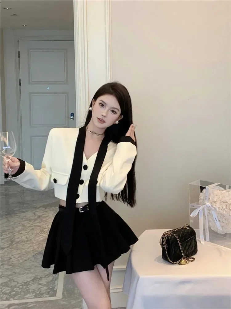 Women New Fall Two Piece V Neck White Short Bow Coat&High Waist pleated Black Skirt Sets Fashion Elegant 2 Piece Dress Suits