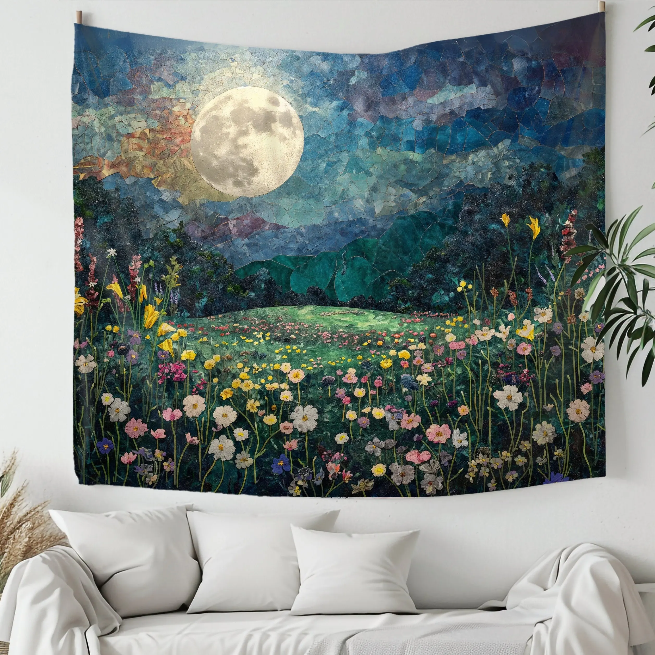 VIKAMA Oil Painting Feeling Moonlit Night Flower Field Tapestry Forest Healing Background Cloth Living Room Room Decoration