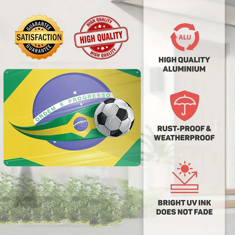 Brazil Flag With Soccer Ball Metal Poster Perfect Gift for Fans Lovers Customized Wall Art Metal Sign for Room Decor Wand Deko