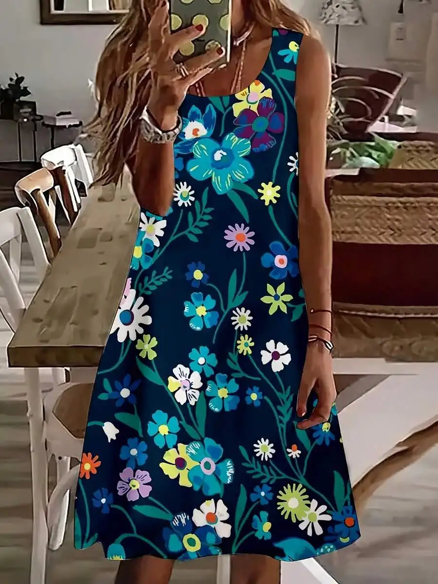 

Women Sleeveless Floral Print Summer Casual Dress For Beach Vacation