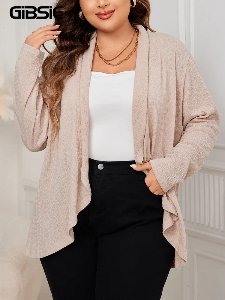 GIBSIE Plus Size Solid Open Front Cardigan Women Spring Fall Casual Knitted Cardigan Coat Woman Long Sleeve Outerwear Top