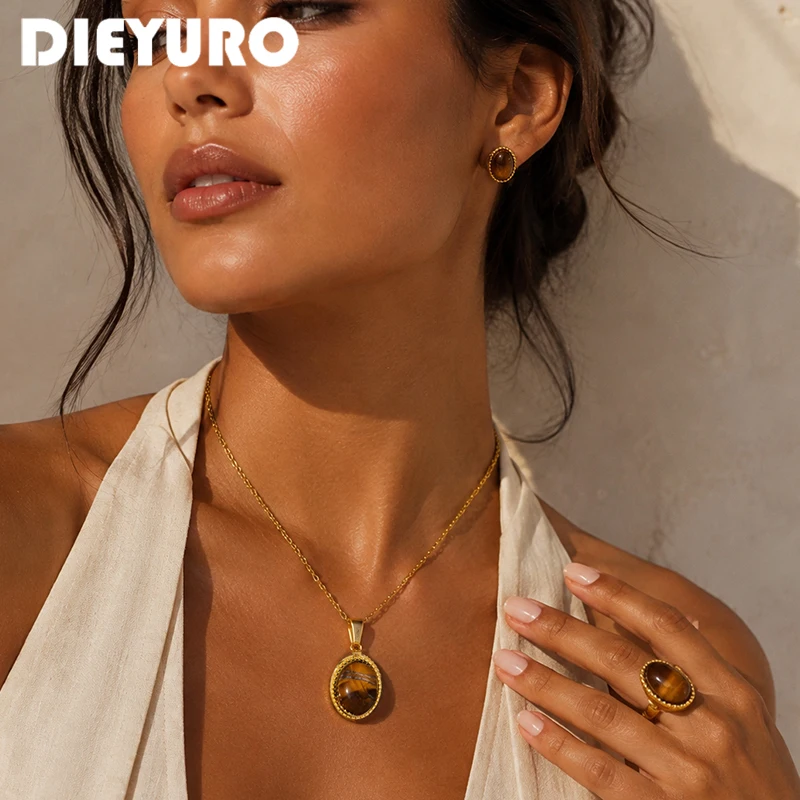 DIEYURO Stainless Steel Vintage Boho Tiger Eye Stone Jewelry Set for Women Oval Gem Necklace Open Ring Ear Studs Jewellery Gift