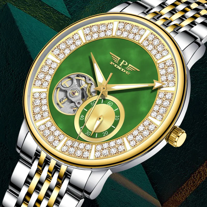 

2024 PINDU Green Stainless Steel Diamond Faced Tourbillon Classic Men's Mechanical Watch Fashion Chronograph 30 Meters Waterproo